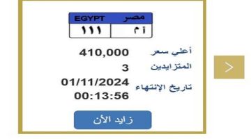 برقم «أ م 111».. مزاد المرور يشتعل على لوحة سيارة مميزة وسعرها يصل لـ410 آلاف جنيه