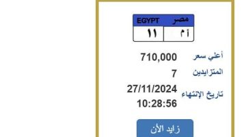 بـ 710 ألف جنيه.. التزايد على لوحة سيارة مميزة ينتهي بعد ساعات